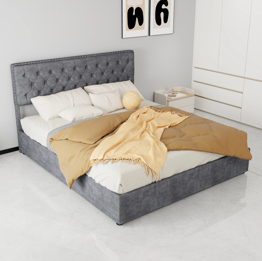 Letto matrimoniale 160 x 200 cm in velluto grigio con testiera alta e rete a doghe