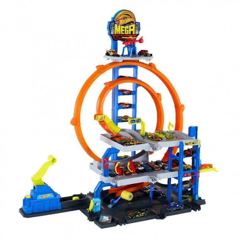 Hot Wheels City,Pista con 1 veicolo incluso,Mega Loop Garage,Mattel,Eta 4+