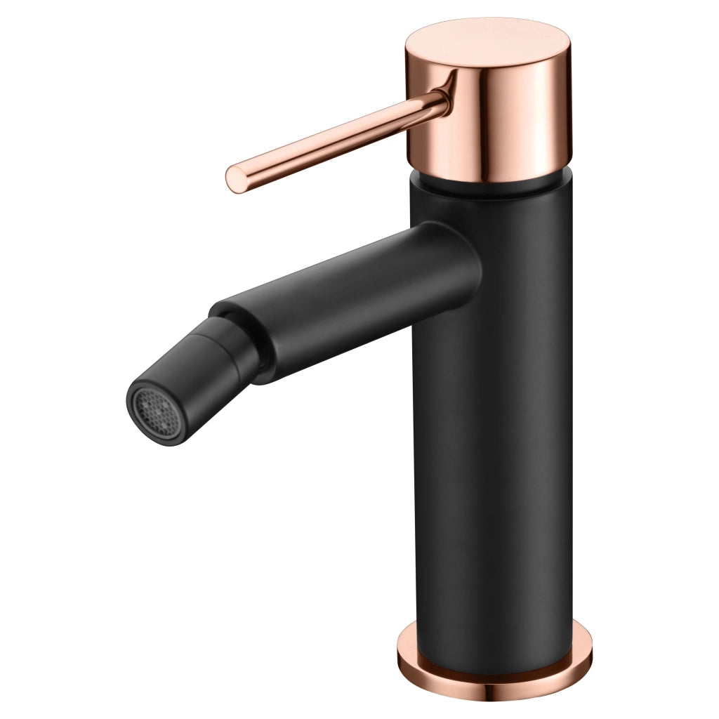 IMEX Miscelatore bidet monocomando in ottone e zama nero oro rosa con cartuccia ceramica Ø26mm e tubi flessibili 3-8 serie Milos modello Imex-BDYS045-2NOR