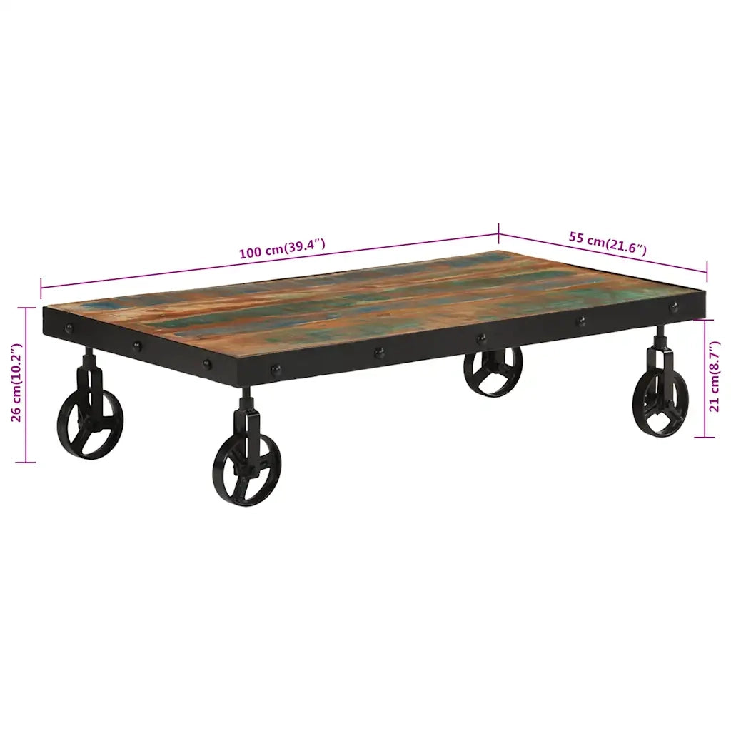 Tavolino Salotto con Ruote-Tavolino da soggiorno Legno Massello Recupero 100x55x26 cm