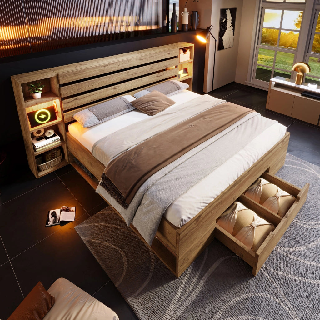LETTO contenitore 180x200 cm con LED, USB e cassetti Rovere