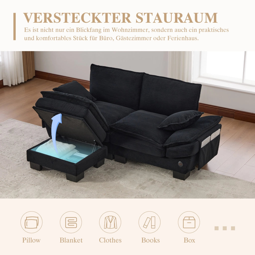 Divano modulare 2 posti - con pouf; USB-C e tasche laterali - in corduroy nero