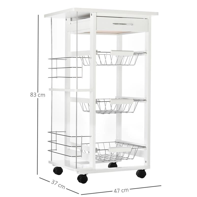 CARRELLO DA CUCINA SALVASPAZIO IN LEGNO CON 4 RUOTE 3 CESTI ESTRAIBILI BIANCO