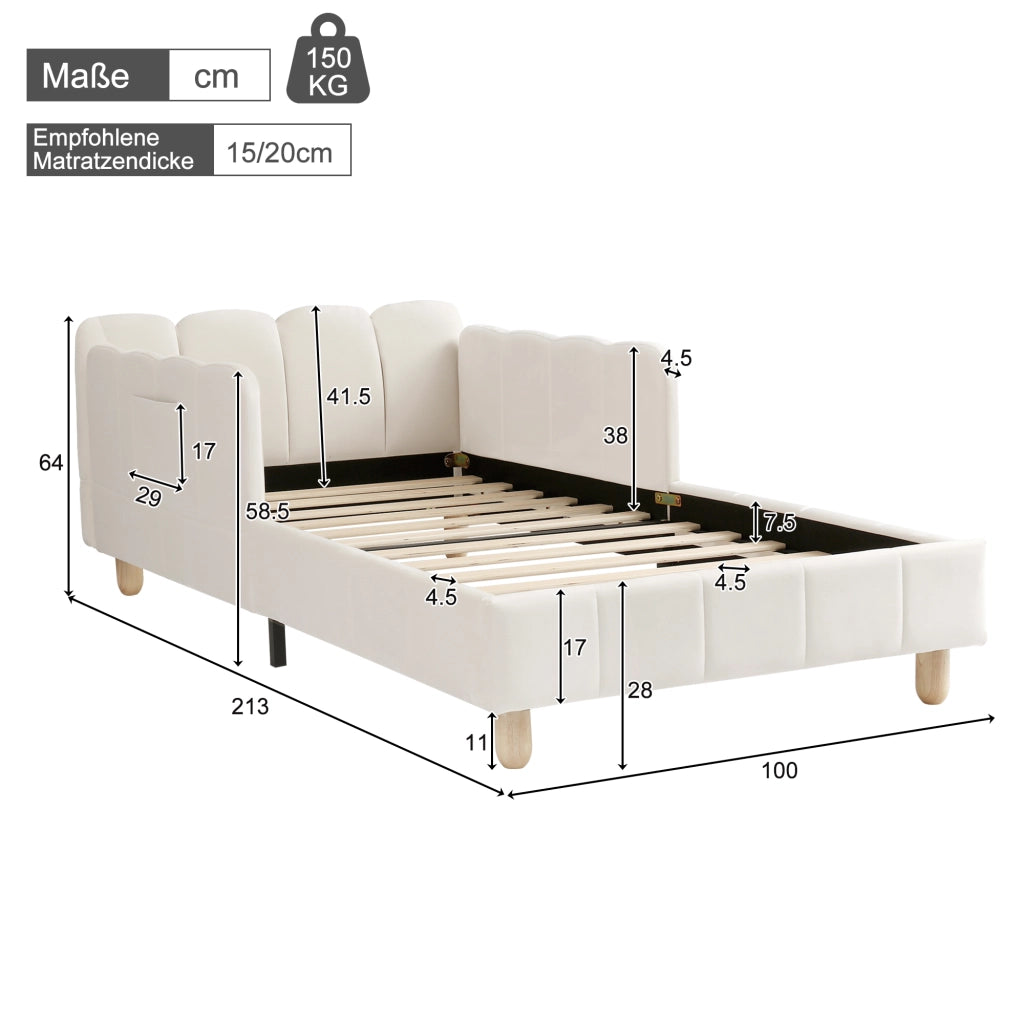 Letto divano per bambini 90x200 cm imbottito con testiera; sponda anticaduta e piedi in legno massello; velluto beige