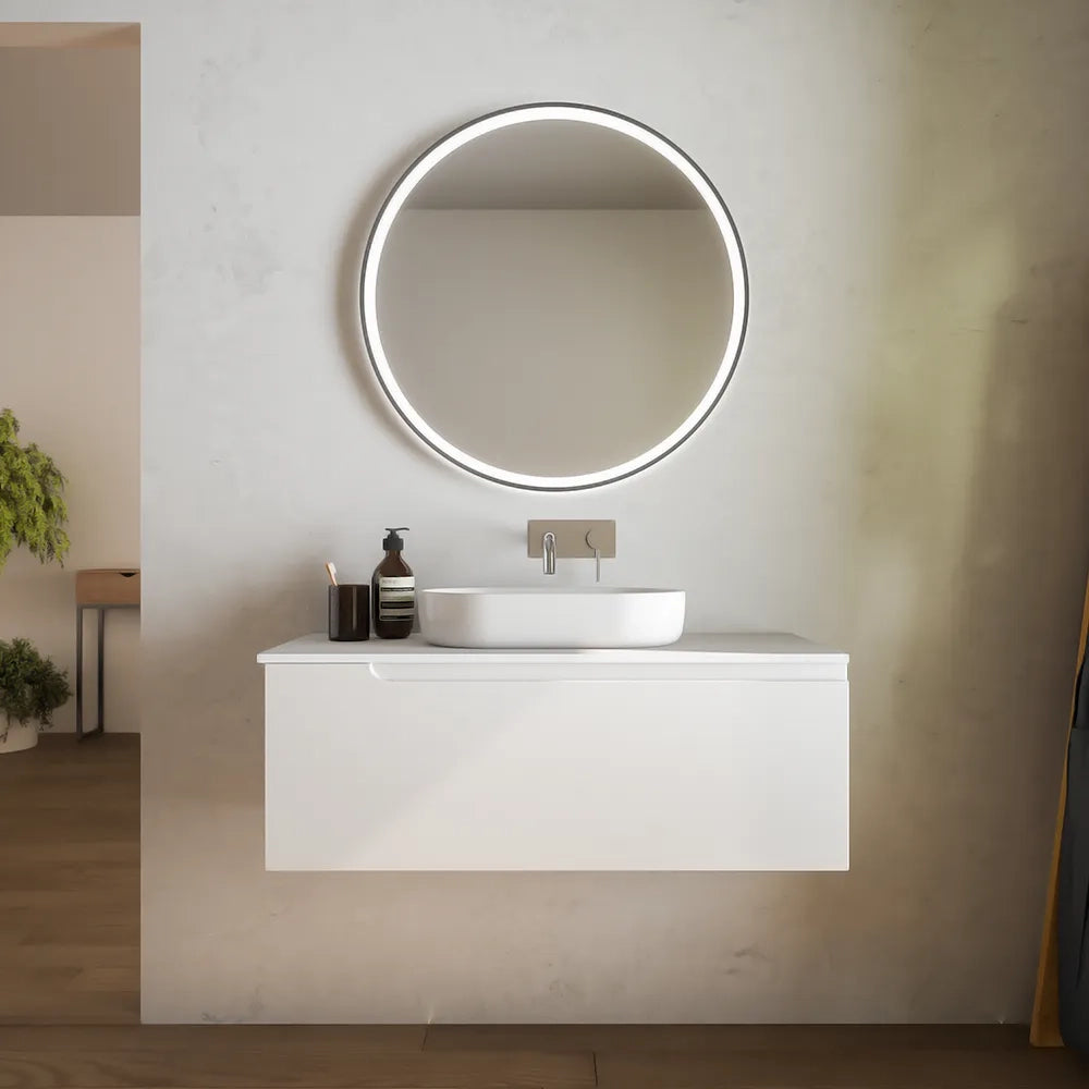 Mobile bagno sospeso 90 cm un cassetto bianco opaco con top | Ardenne