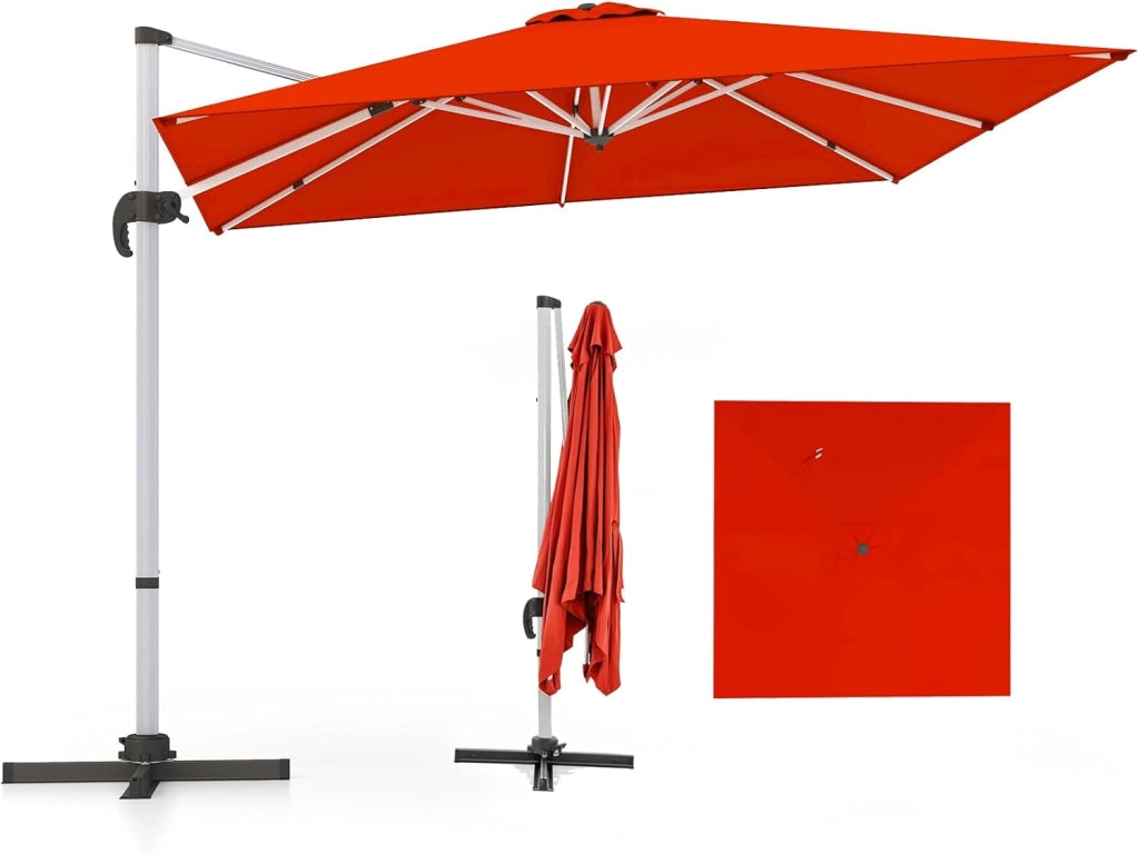 Ombrellone da Giardino, con Base Incrociata, Ombrellone Quadrato da Esterno con Palo in Alluminio e Girevole a 360°, Manovella e Inclinazione Regolabile, 300 x 300 cm (Arancione)