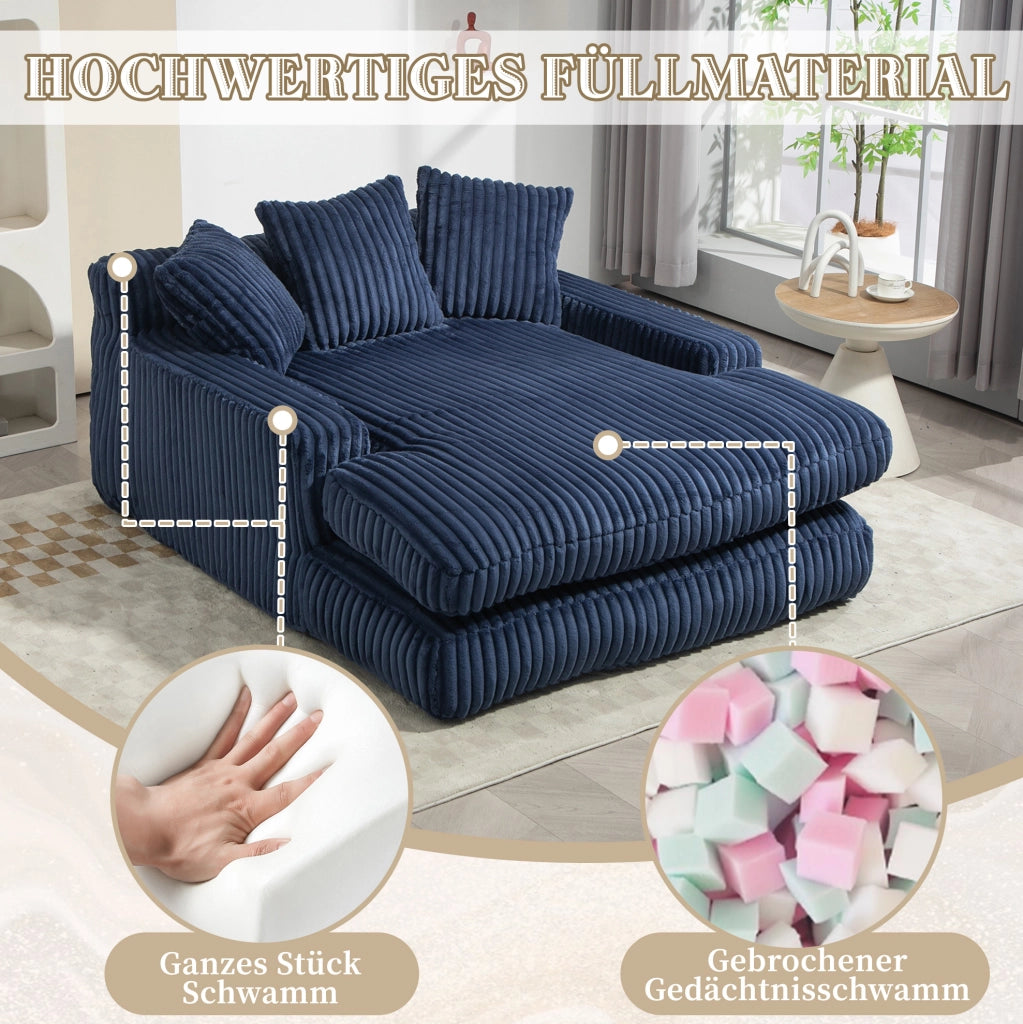 Chaiselongue da interno in corduroy blu navy con 3 cuscini; 125x155x63 cm