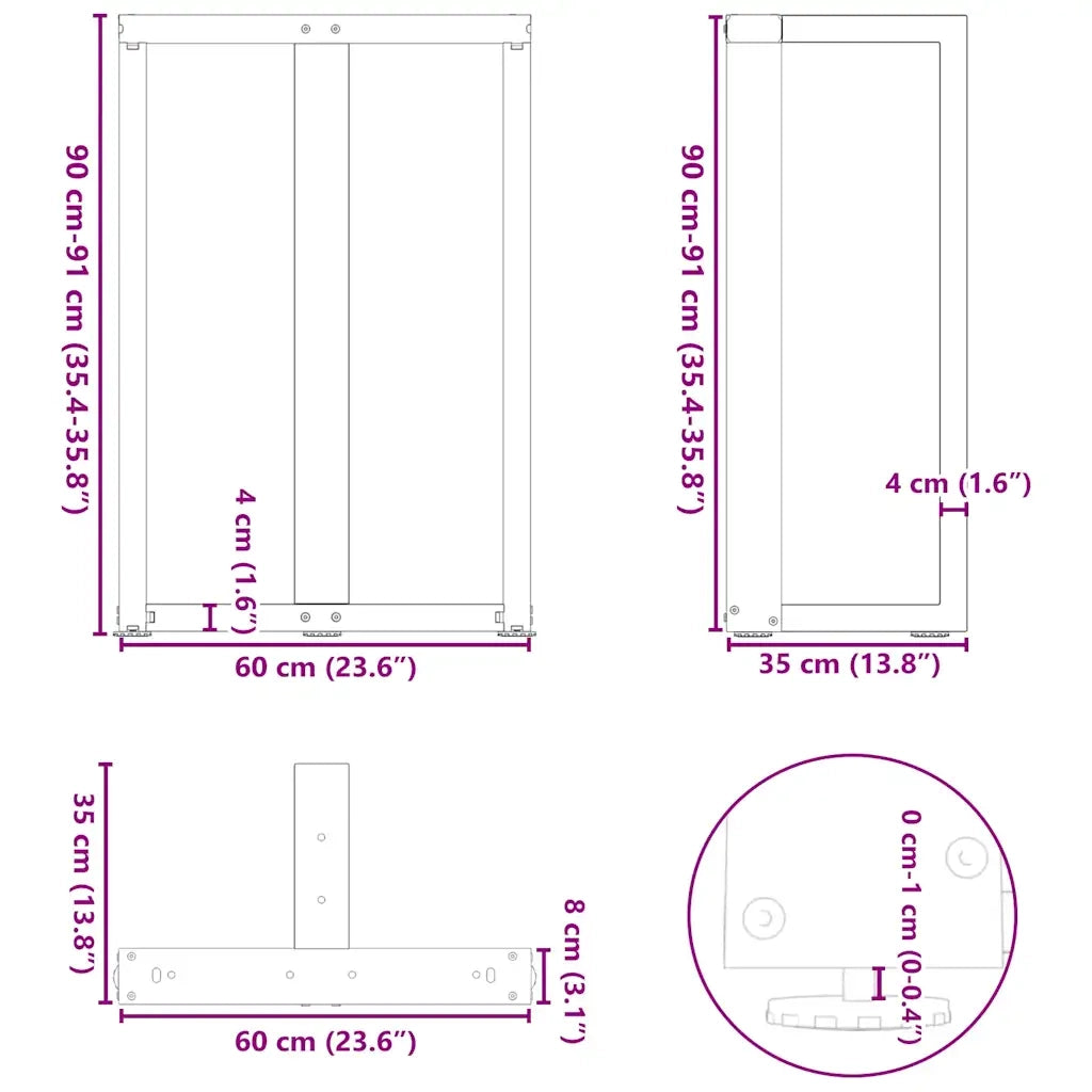 Gambe per tavolo da bar a forma di T 2 pz nere 60x35x(90-91) cm in acciaio 4013080