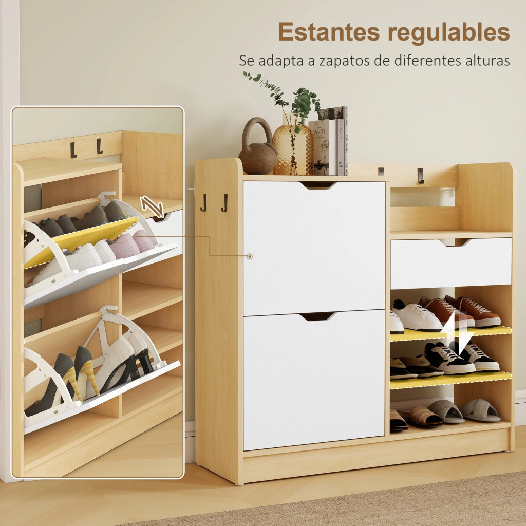 Scarpiera con cassetti e appendiabiti ¨C zephmum ¨C bianco e naturale, 4 ganci per 14 paia di scarpe