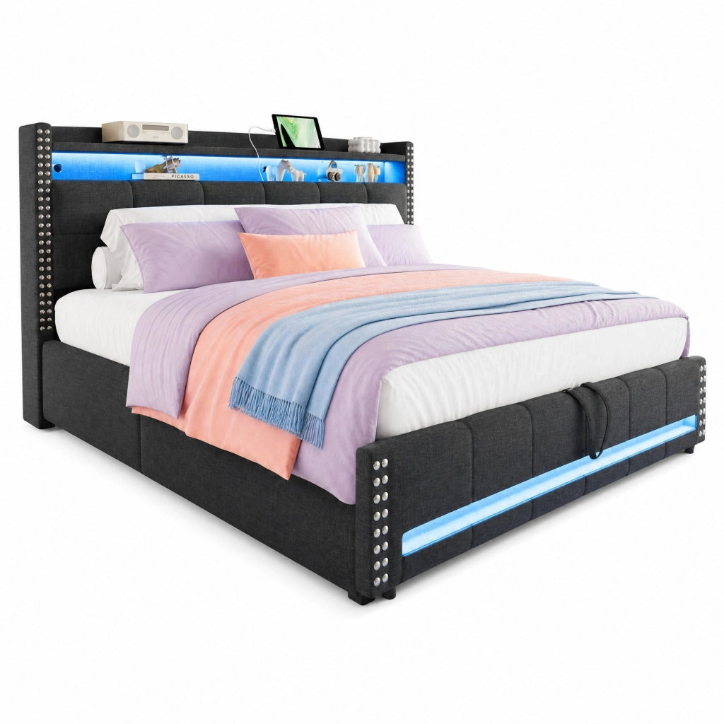 Letto matrimoniale imbottito 180x200 cm con LED, USB e contenitore