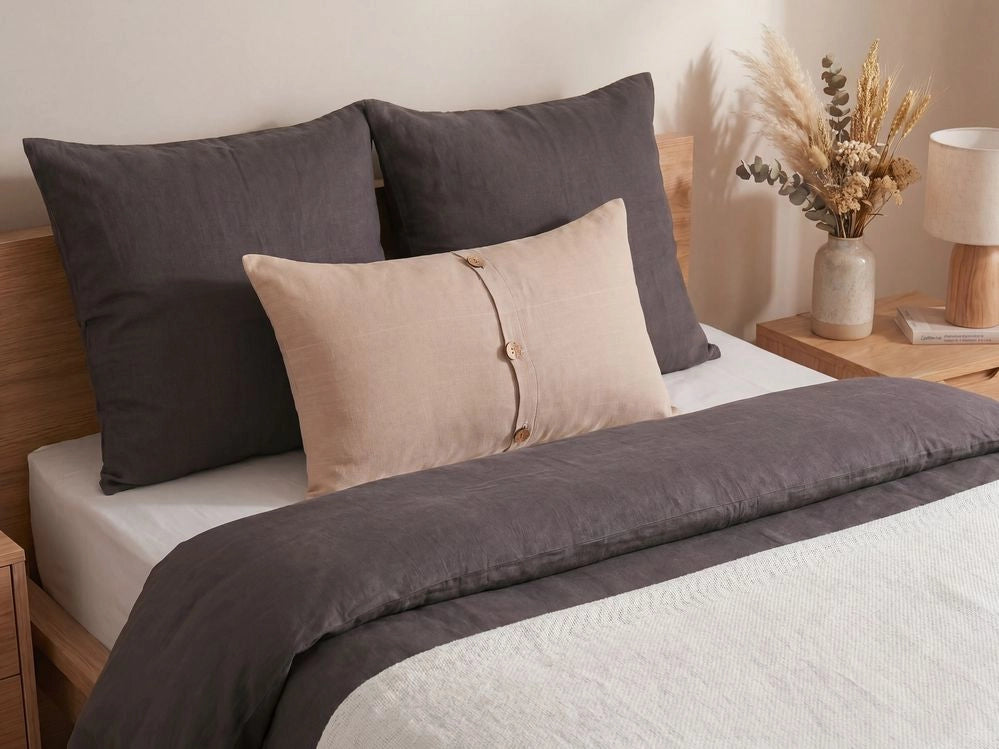 Set di 2 cuscini in lino e cotone beige sfoderabili con bottoni decorativi 30 x 50 cm soggiorno camera da letto