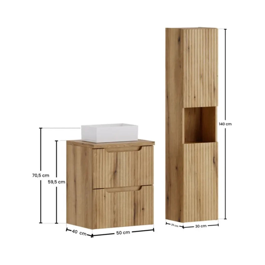 Insieme VANO rovere chiaro 80cm: mobile sotto lavabo con cassetti + piano per lavabo + lavabo rettangolare da appoggio + colonna