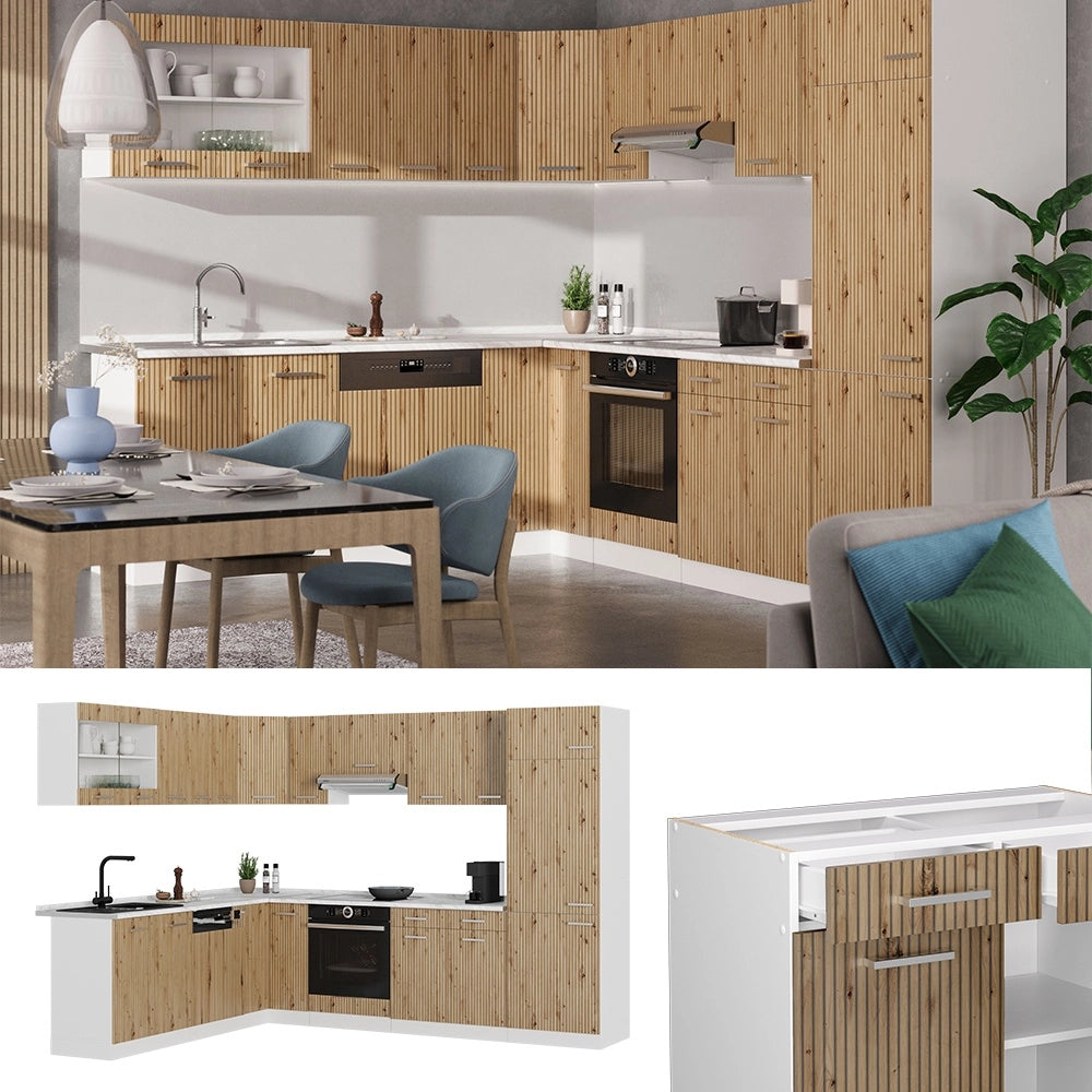 Cucina angolare completa R-Line Rovere artigianale/Bianco 287 x 227 cm, PL Marmo Vicco