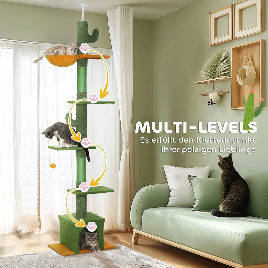 Tiragraffi a soffitto, 230-275 cm, con cuccia, pali per graffiare, pallina da gioco, mobile per gatti con dispositivo antiribaltamento, verde