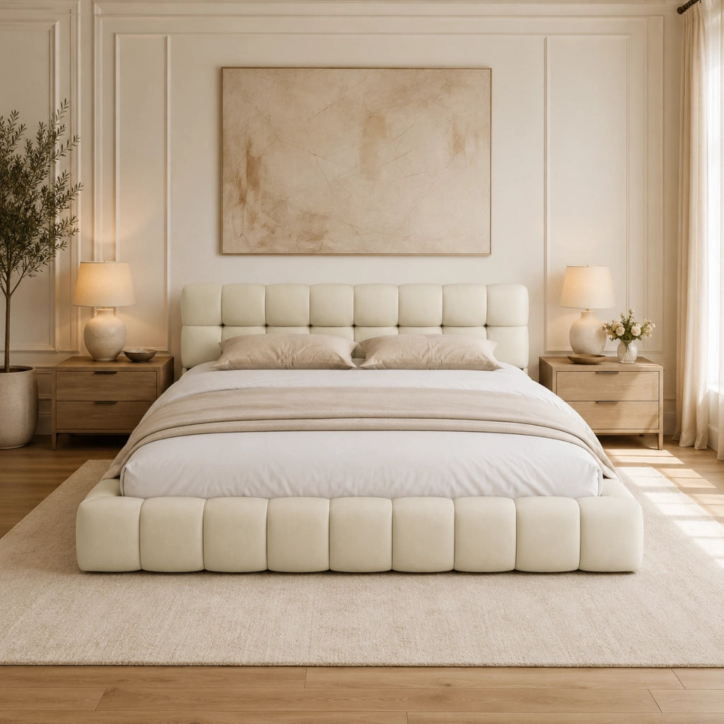 Letto matrimoniale imbottito lino beige 160x200 cm, testiera morbida a pannelli, struttura robusta, design moderno per camera da letto
