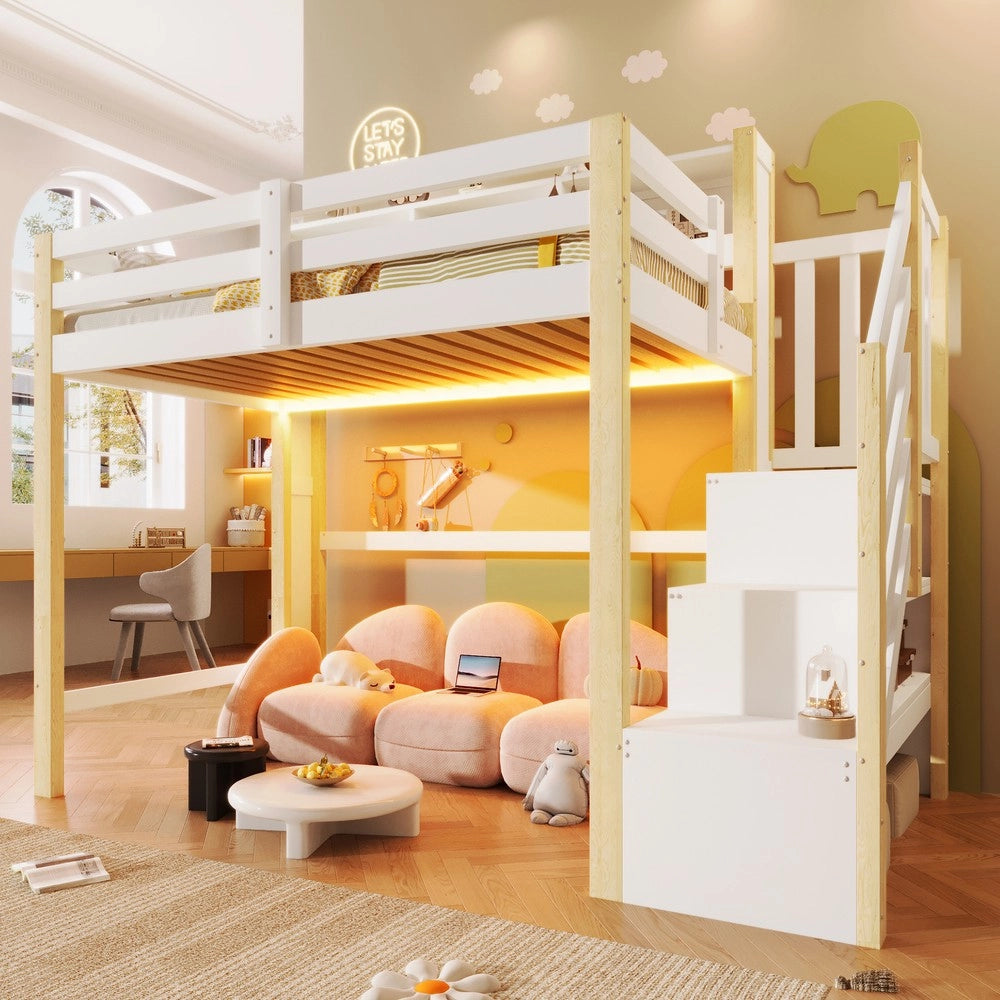 Letto a Soppalco con LED e Contenitore ¨C MINIMAL ¨C Bianco/Natura, 90x200