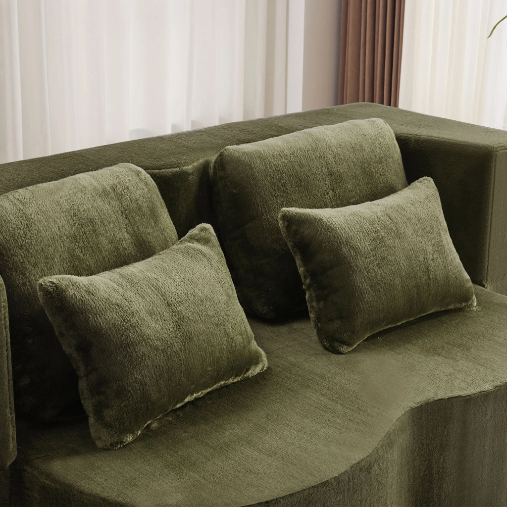 Divano letto modulare verde 2 in 1, 4 cuscini, tessuto peluche, schiuma e molle