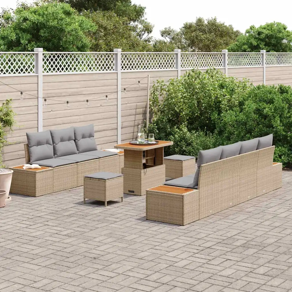 Set Divano da Giardino con cuscino 10 pcs Beige Poly Rattan