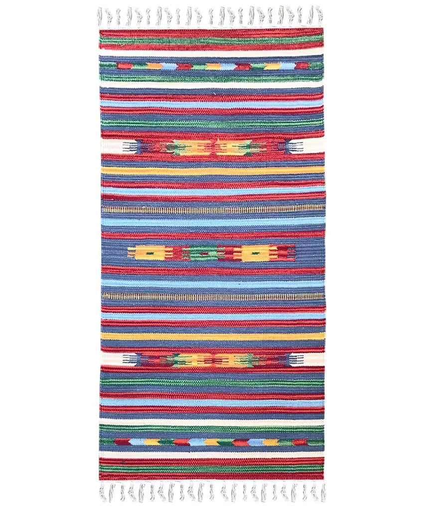 Tappeto passatoia KELIM 01 disegni etnici orientali colori vivaci cm.60x90 tessuto e frangia 100% cotone, lavabile in lavatrice