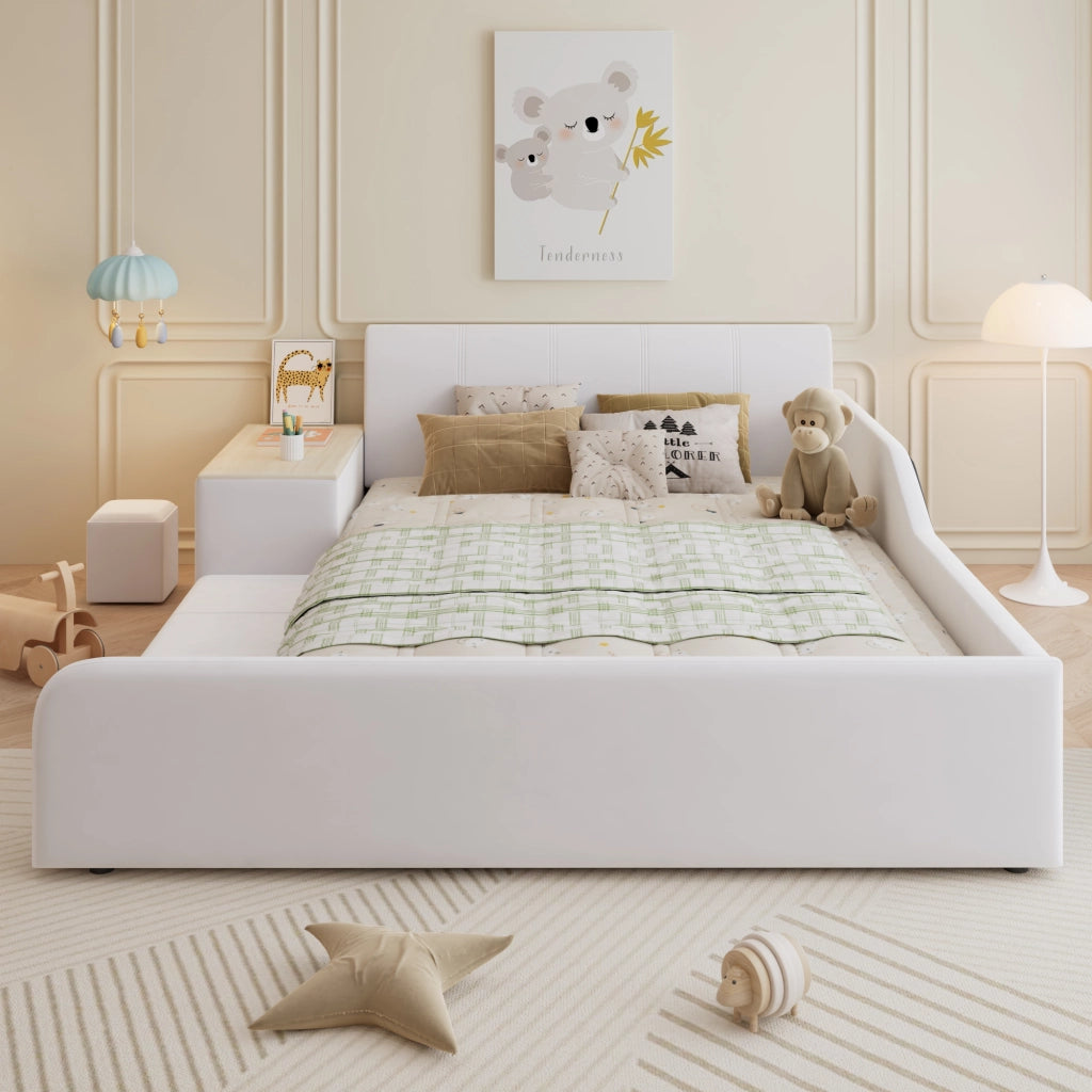 LETTO 140x200 cm in velluto bianco con scrivania, sgabello e ripiano