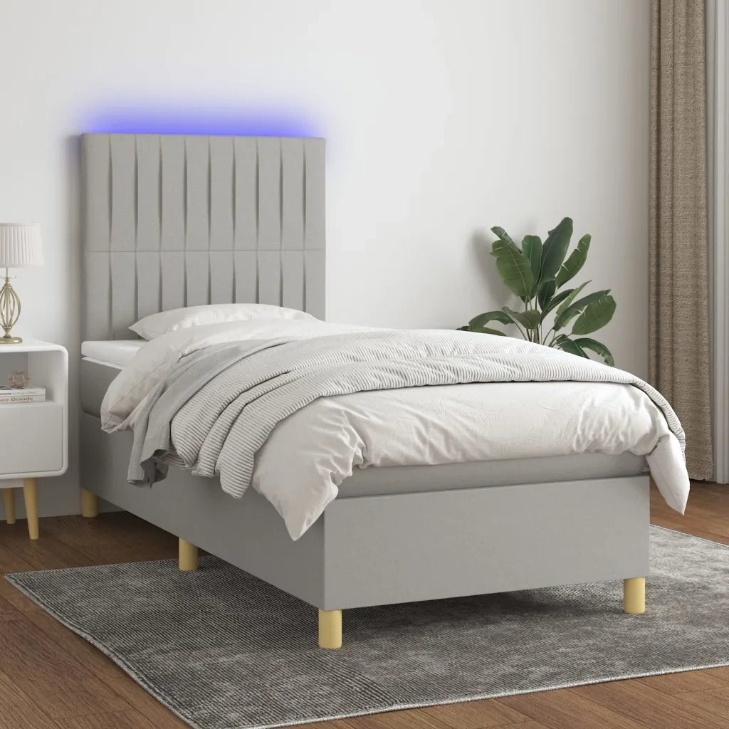 Letto singolo | Letto per adulti | Letto a Molle Materasso e LED Grigio Chiaro 90x200 cm Tessuto