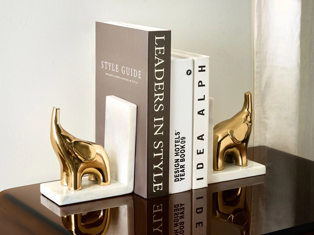 Set di 2 fermalibri moderni e glamour Decorazione per la casa Animali Elefanti Marmo Alluminio Oro Kotezi