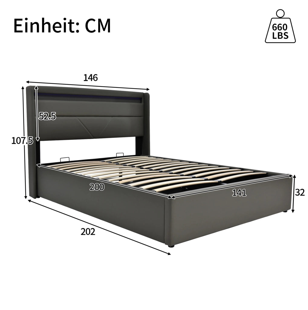 Letto imbottito con contenitore e illuminazione LED, 140x200 cm, grigio