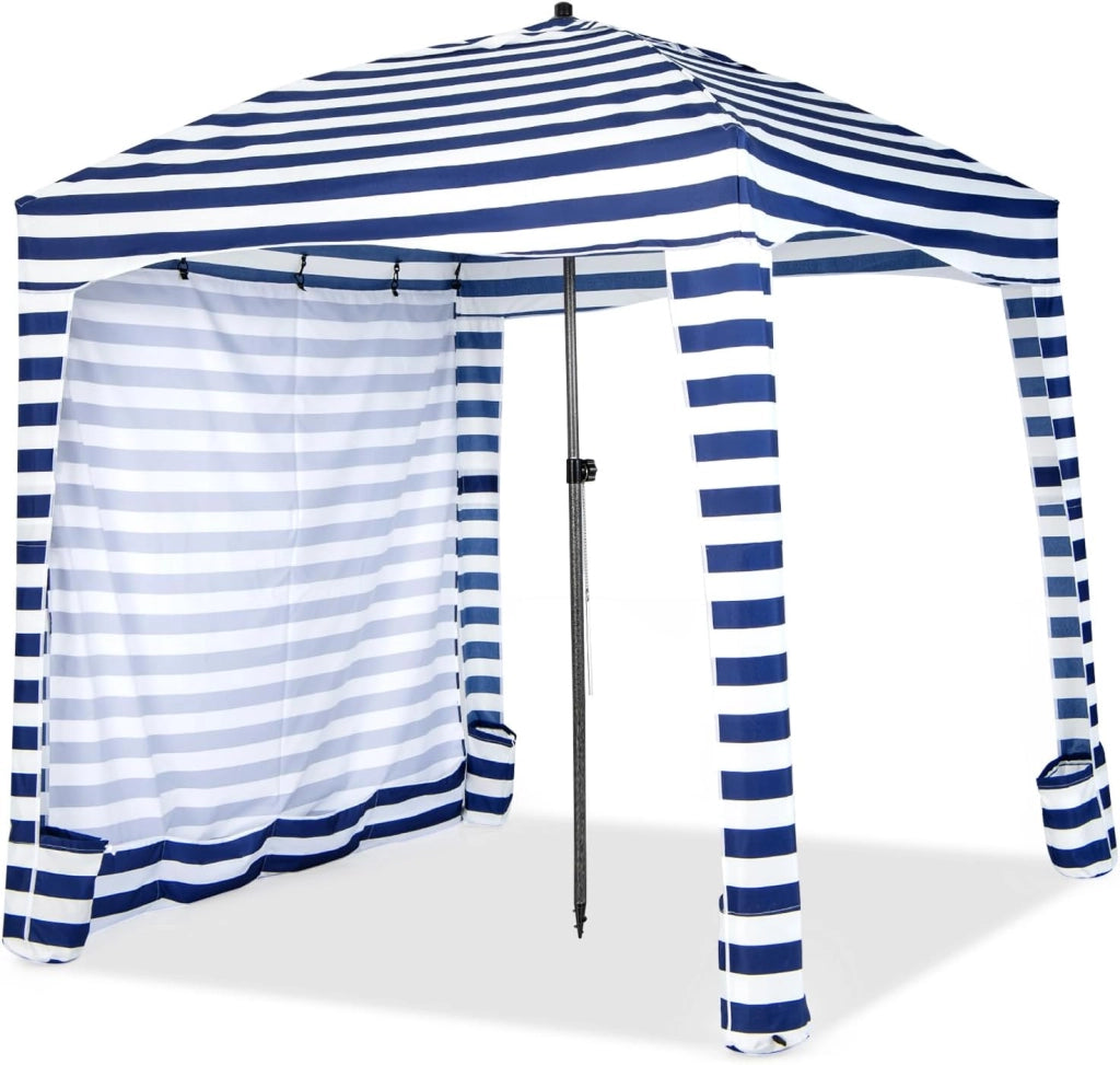 Tenda da Spiaggia Pieghevole 183 x 183 cm, Tenda da Mare con Borsa di Trasporto, Parete Removibile e 8 Tasche per Sabbia, per Spiaggia, Campeggio e Picnic (Blu e Bianco, 183 x 183 cm)