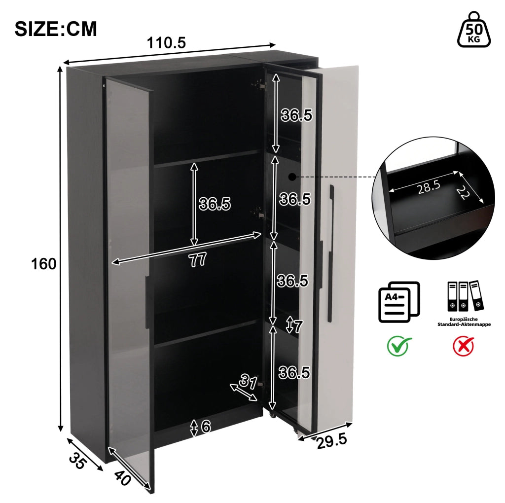 Armadio vetrina 110.5x35x160 cm con LED e ripiano laterale estraibile in MDF e vetro bianco e nero