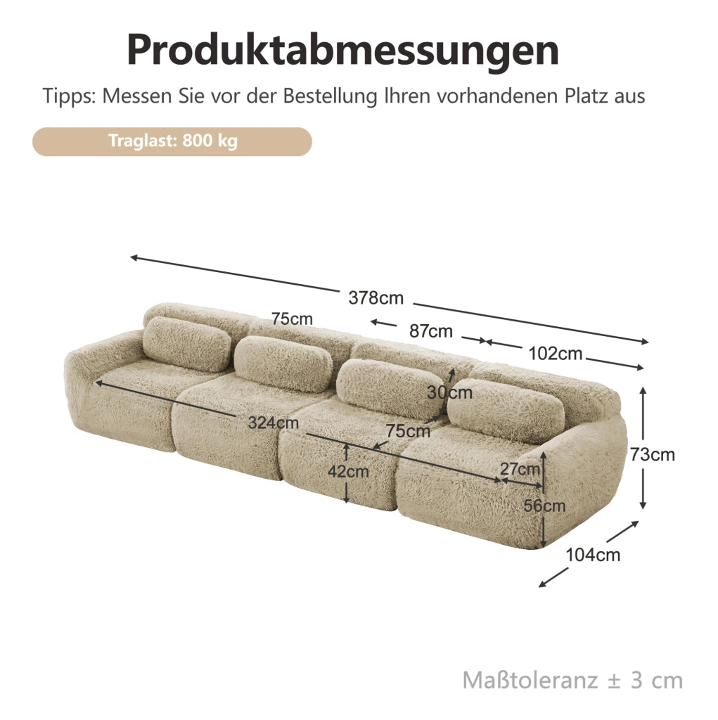 Divano modulare 4 posti in tessuto plush; base antiscivolo; con cuscini; kaki chiaro