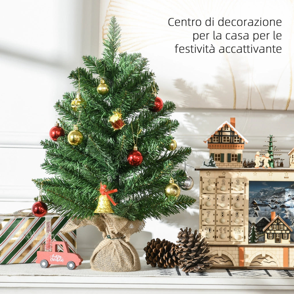 Albero di Natale Mini 55cm con 50 Rami Folti e Aghi Realistici in PVC, Base in Cemento e Iuta