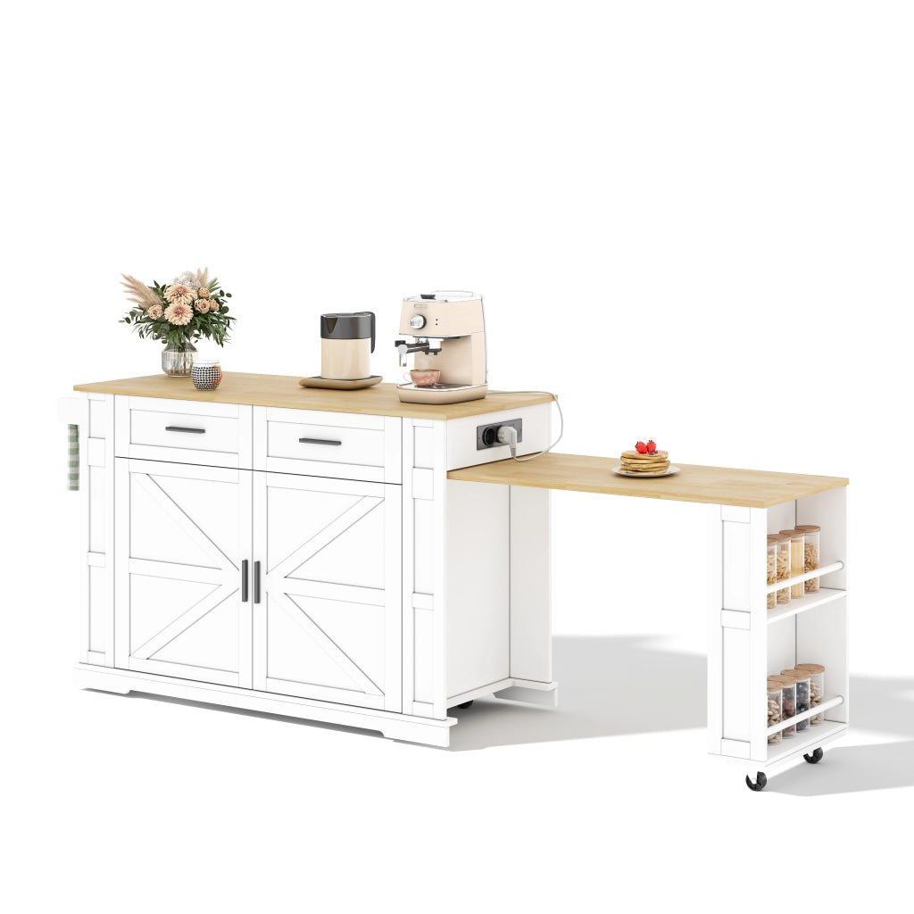 Carrello da cucina con 2 cassetti; doppia anta; ripiano regolabile; prese e porta asciugamani; in MDF; bianco e rovere