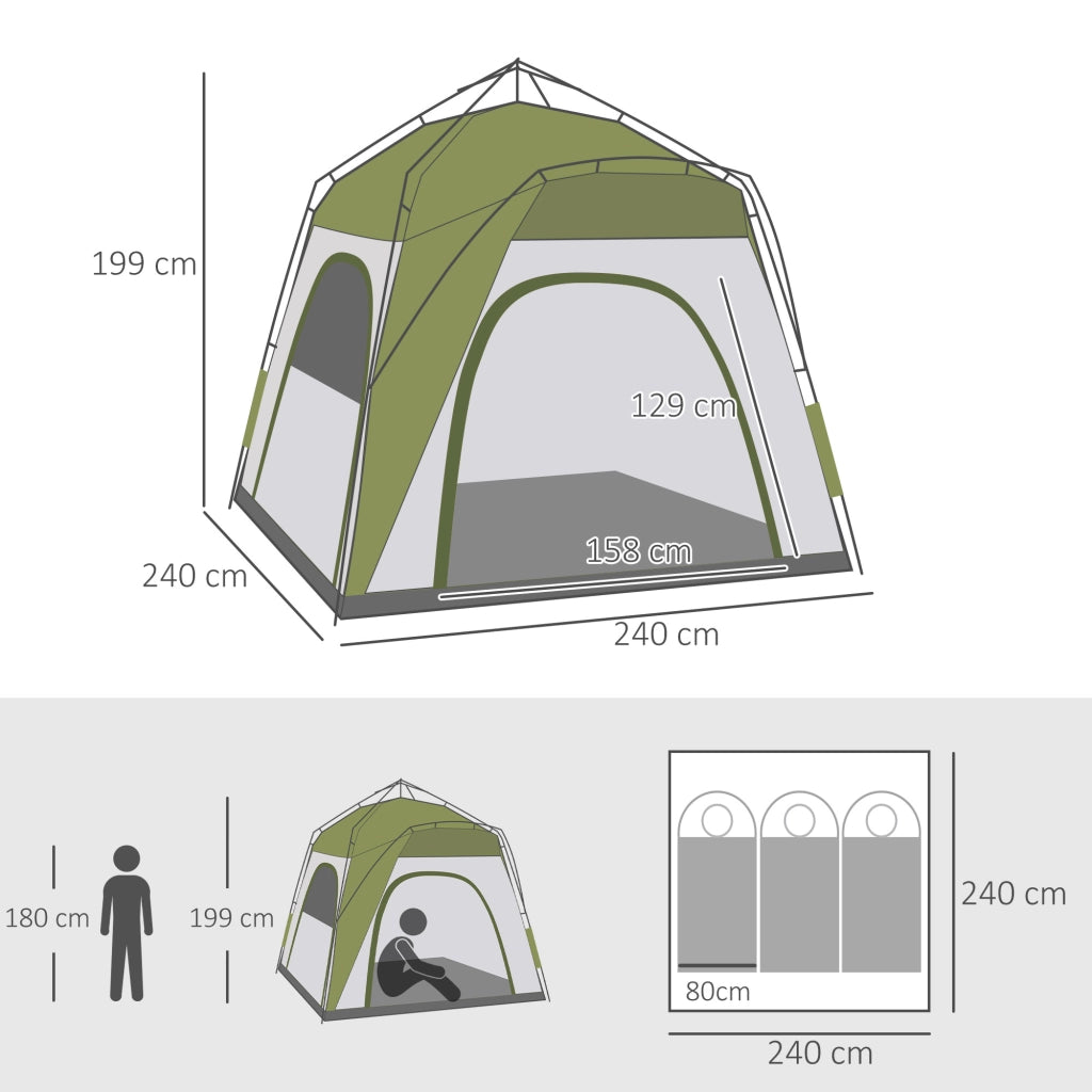Tenda da campeggio pop-up 3 persone ¨C Xylo ¨C con 4 porte, 4 finestre e borsa per trasporto, verde e grigio