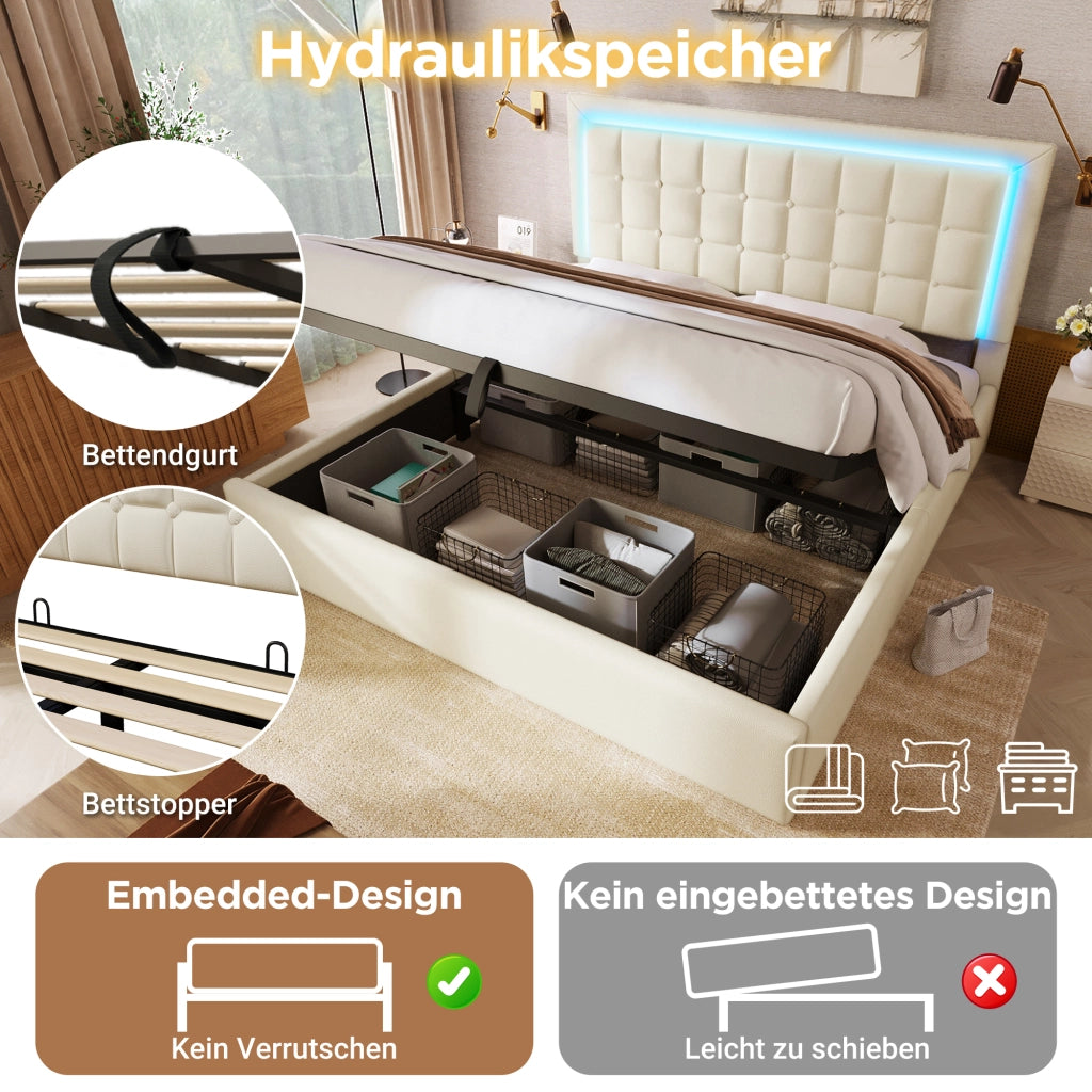 LETTO Contenitore 140x200 cm con LED, PU Bianco