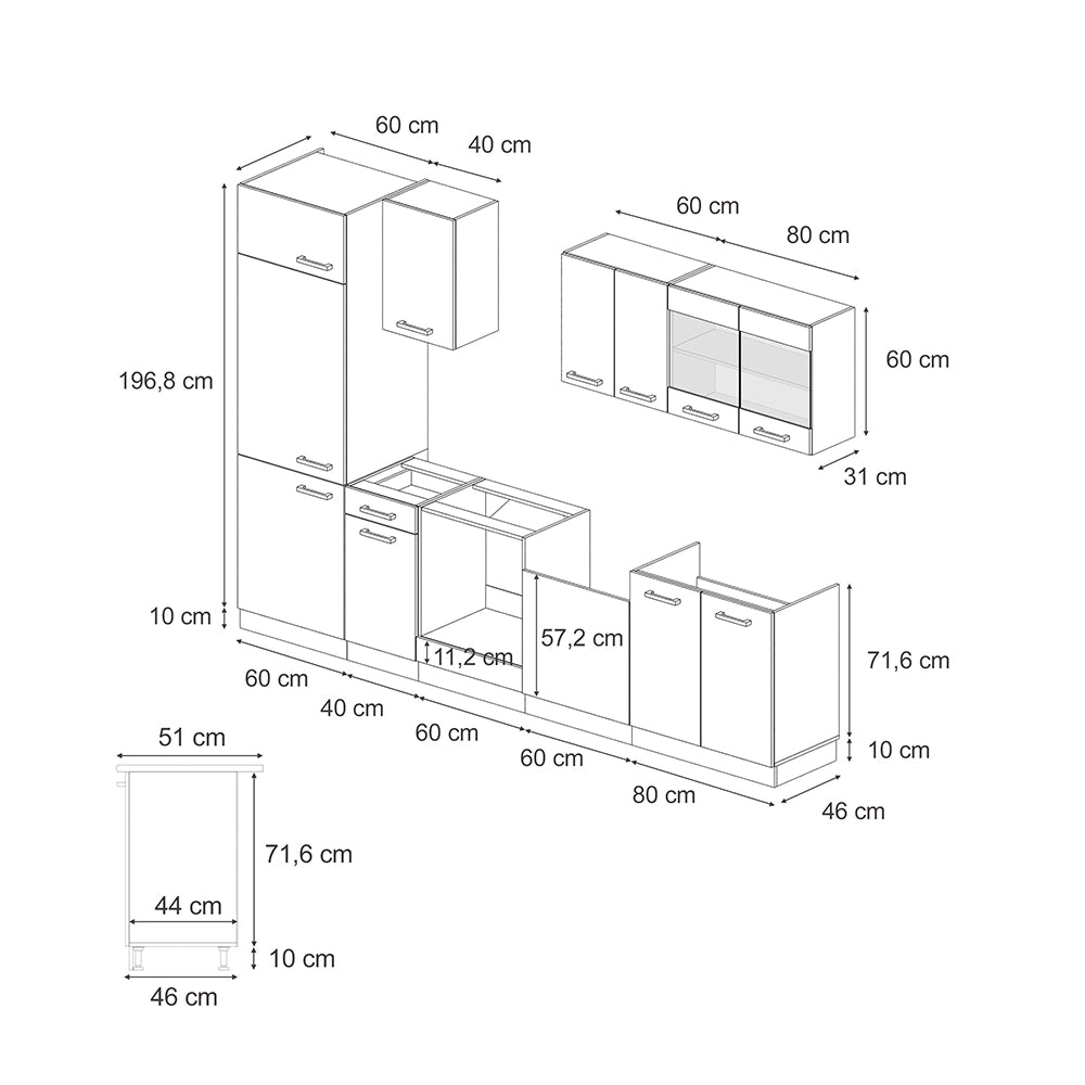 Cucina componibile R-Line Calce nera/Rovere dorato 300 cm PL Marmo Vicco