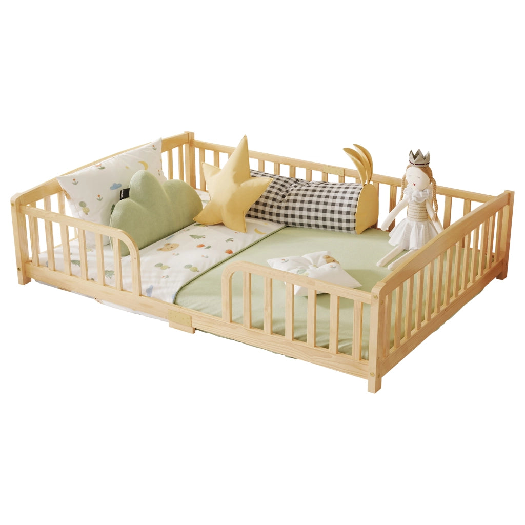 Lettino per bambini 140 x 200 cm, con spondine di sicurezza, senza piastra di base, colore del legno grezzo