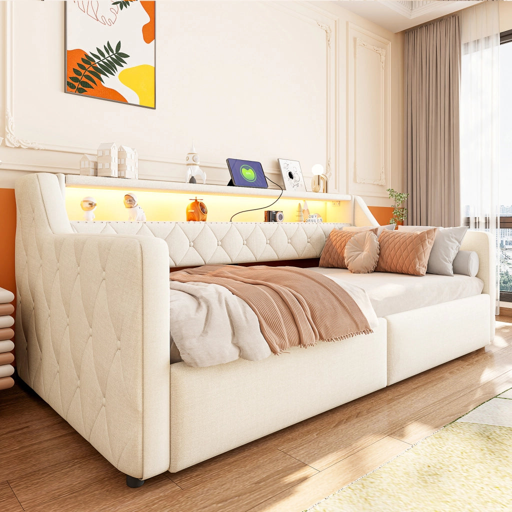 LETTO 90x200 cm con LED e contenitore idraulico, lino beige, USB e Tipo C