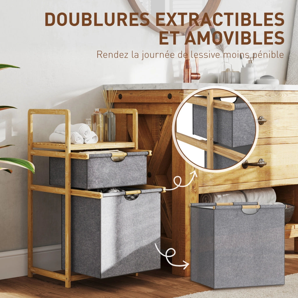 Cestino per il bucato in bamb¨´ con 2 sacchetti in tessuto scorrevoli e ripiano a doghe ¨C Minimal ¨C naturale