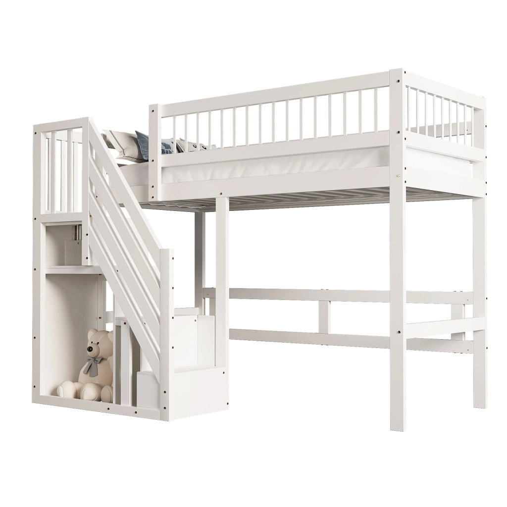 Letto a soppalco in legno massello con scala contenitore e recinzione alta; bianco; 90x200 cm; senza materasso