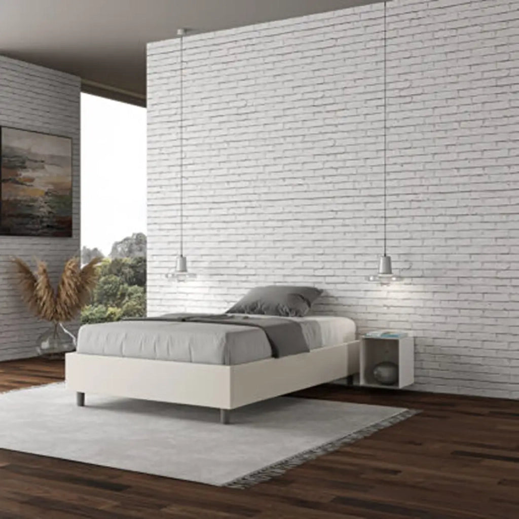 Letto matrimoniale francese con rete imbottito 140x190 similpelle bianco Azelia
