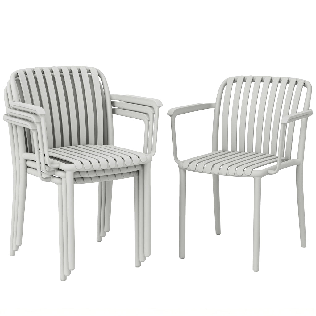 Set di 4 Sedie da Giardino Impilabili con Braccioli. Design a Doghe in Plastica. Grigio