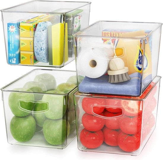 Opbergbasi da trasparenza con coperchi - Stivabile - Grandi contenitori di plastica da magazzino - Organizzazione cassa di magazzino - Organizzatore frigorifero - Congelatore - Cucina