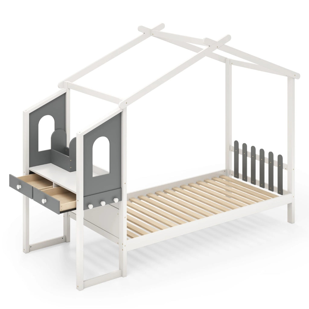 Letto singolo con tetto e staccionata, Letto a piattaforma in legno 253 x 102 x 193 cm, portata 150 kg