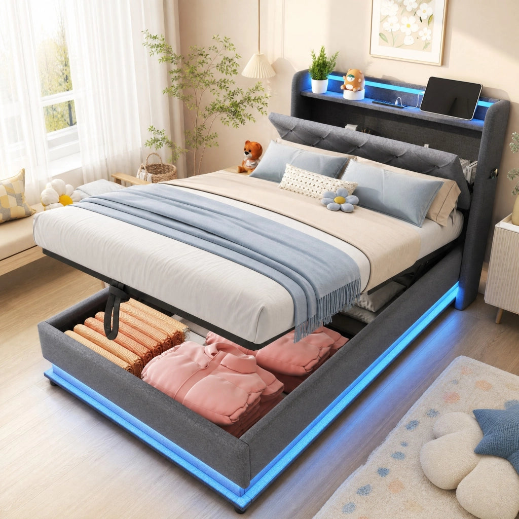 LETTO imbottito 90x200 cm con luci LED, porte USB e vano, grigio
