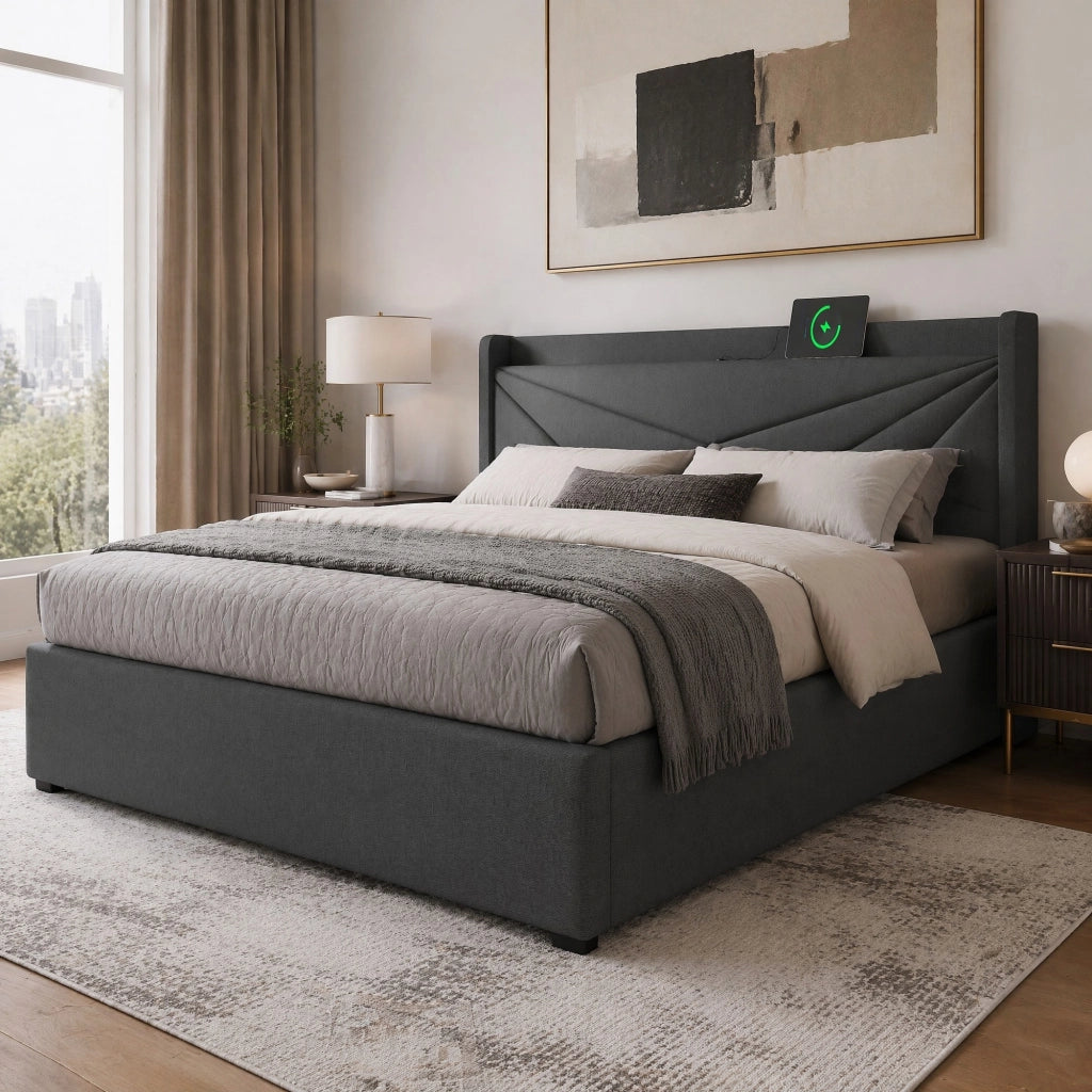LETTO Contenitore 140x200 cm Grigio in cotone e lino con USB e Tipo C