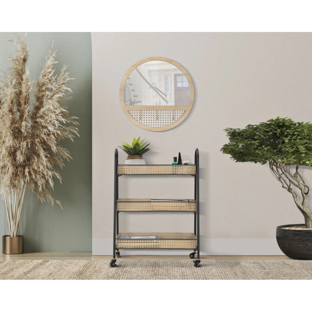 Carrello Fuji a 3 cesti in rattan e ferro nero su ruote — 60x30x80 cm