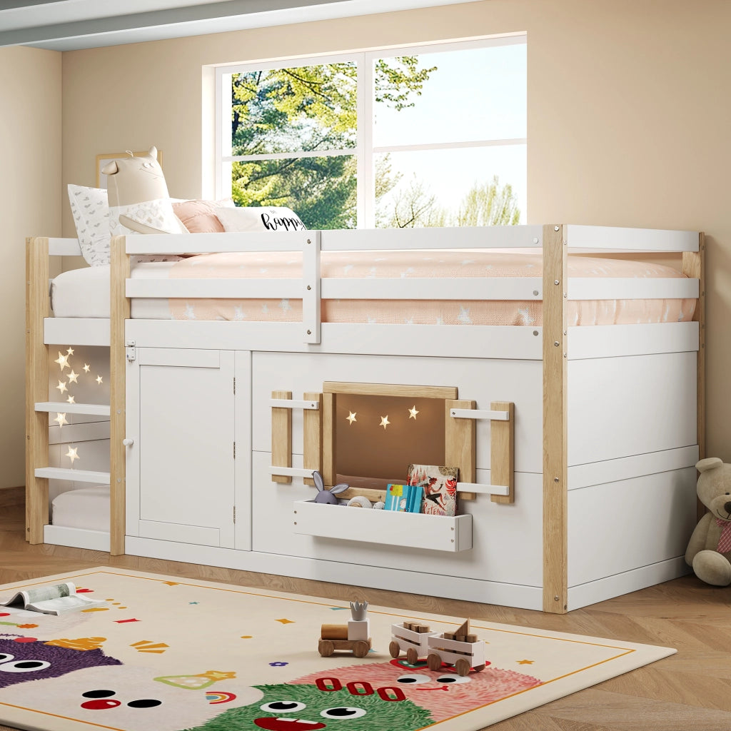 OKWISH Letto a Soppalco 90×200 cm, Letto Singolo con Scala e Spazio Gioco Modulare, senza Materasso, in Legno Massello, Bianco