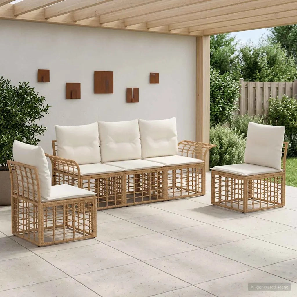 Set di divani da esterno 5 pz | Set Salotto da Giardino Naturale e Bianco Crema