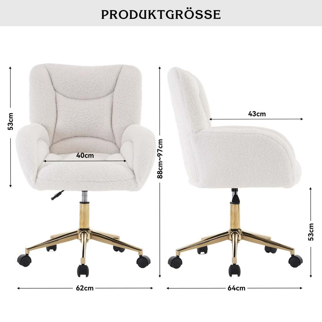 Sedia girevole regolabile in tessuto Teddy bianco con base in metallo dorato per home office