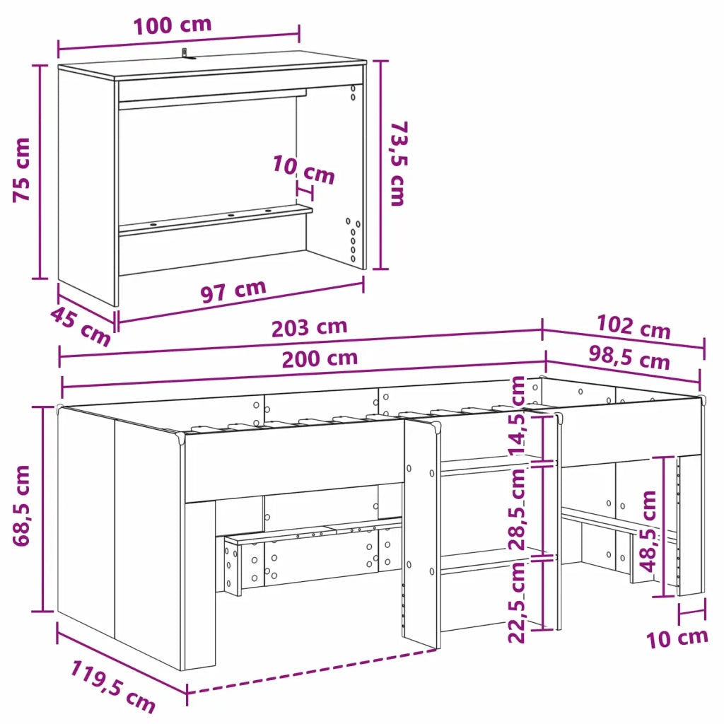 Letto alto per bambini con scrivania 2 pz Grigio Cemento 3423457